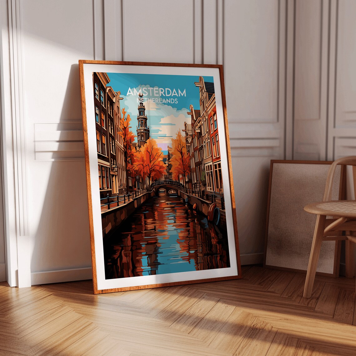 Amsterdam Netherlands Autumn Canal Church Tower Daylight Travel Poster - Image 2