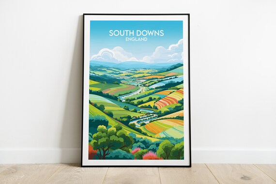South Downs England Colorful Patchwork Rolling Hills Travel Poster