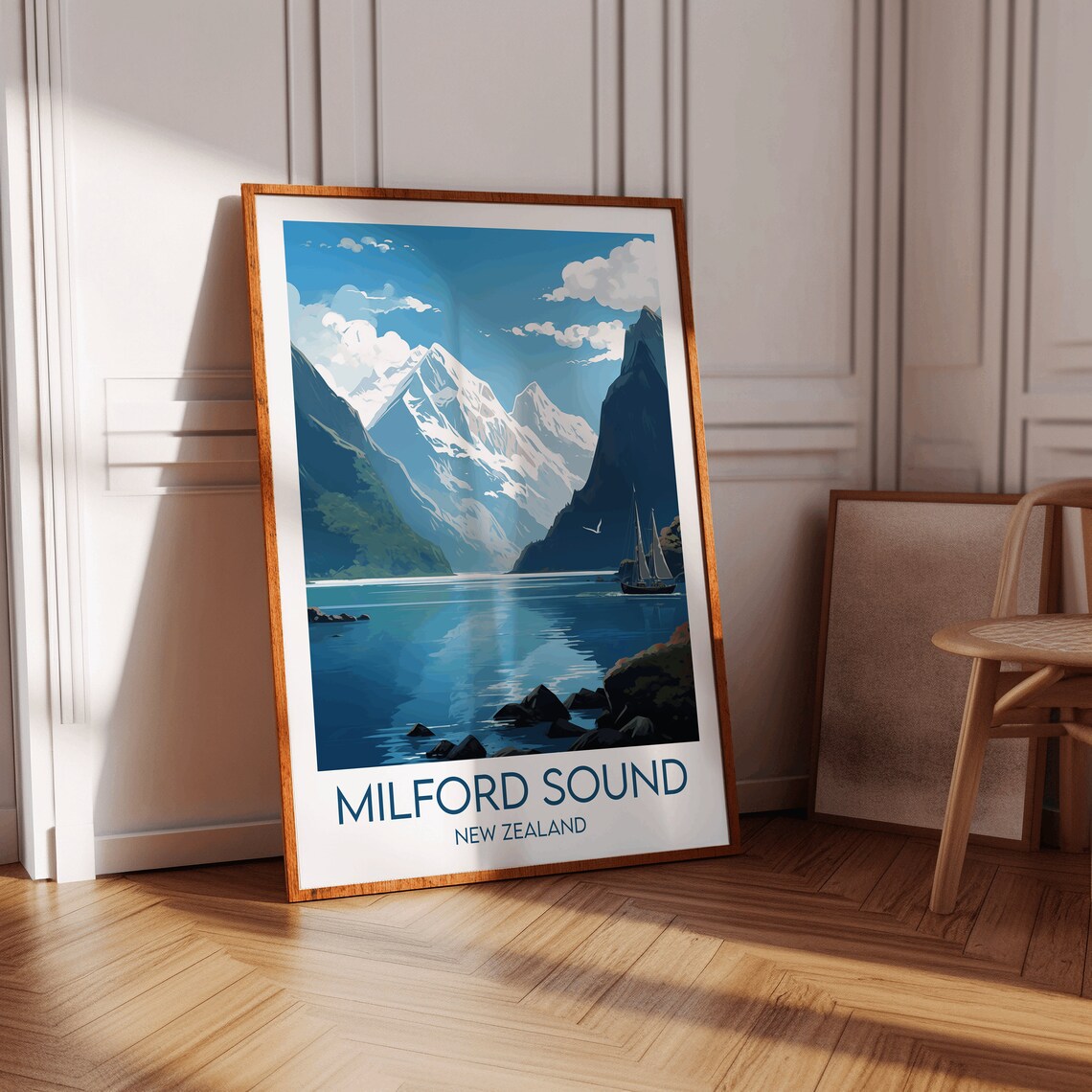 Milford Sound New Zealand Fjord Sailboat Snowy Peaks Travel Poster - Image 3