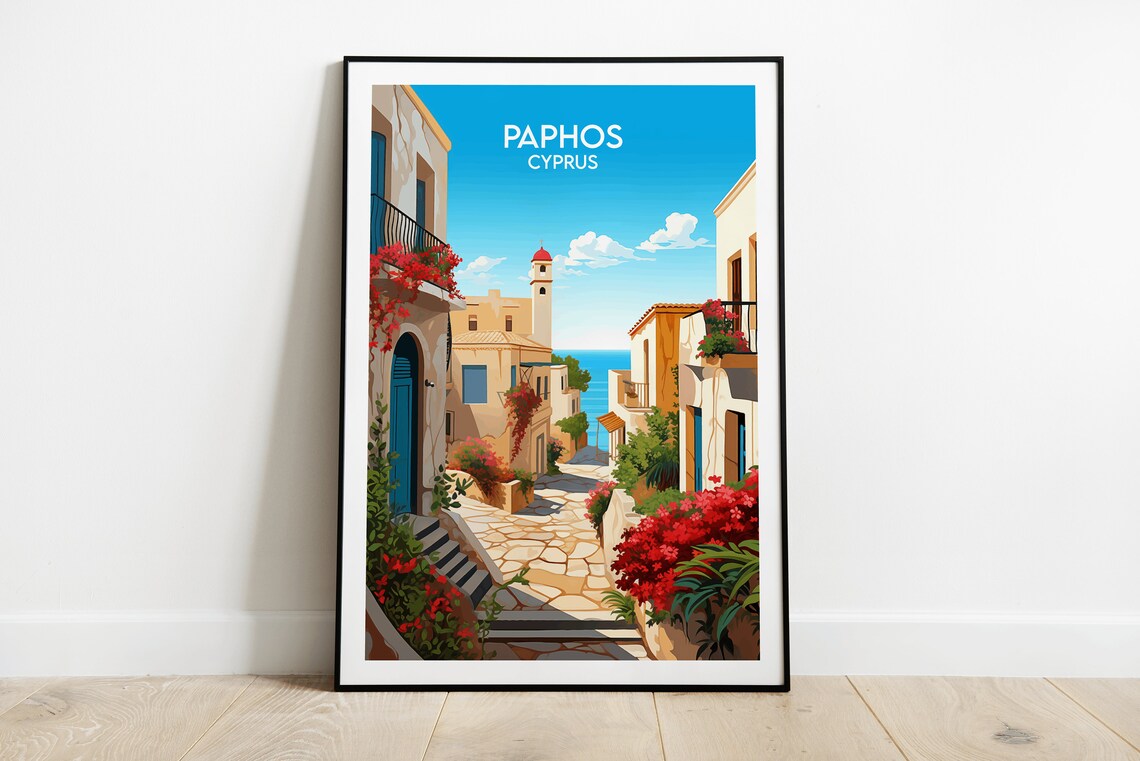 Paphos Cyprus Travel Poster Charming Old Town Street Sea Artwork