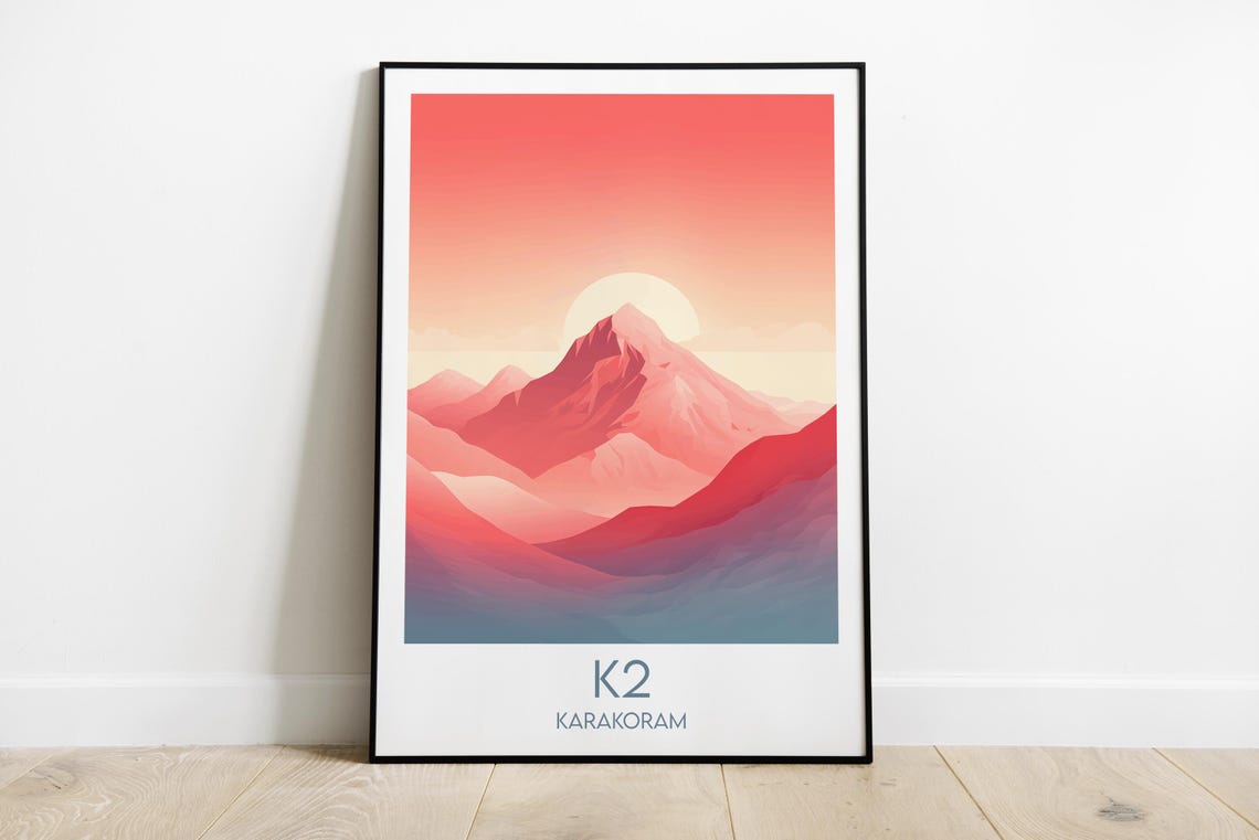 K2 Karakoram Mountain Pink Sky Gradient Adventure Travel Poster