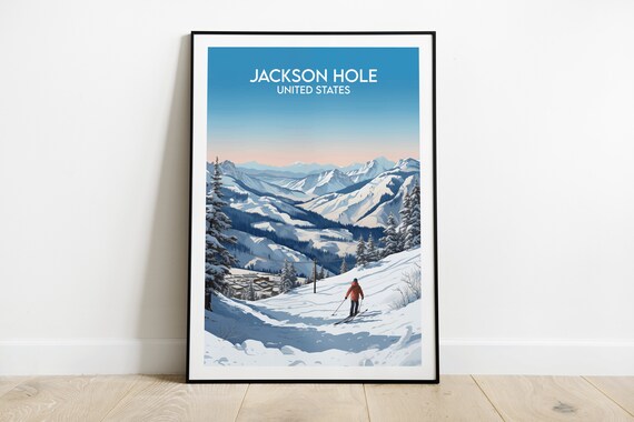 Jackson Hole United States Vintage Ski Print Snowy Peaks Skier Descent