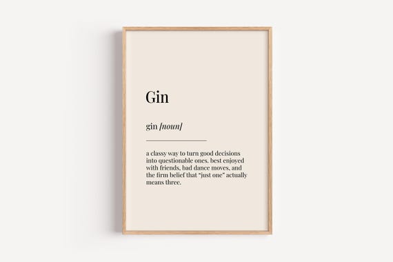 Gin Definition Dictionary Poster, Kitchen Drink Wall Art