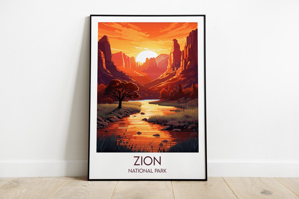 Zion National Park Canyon Sunset Vista Retro Style Travel Poster