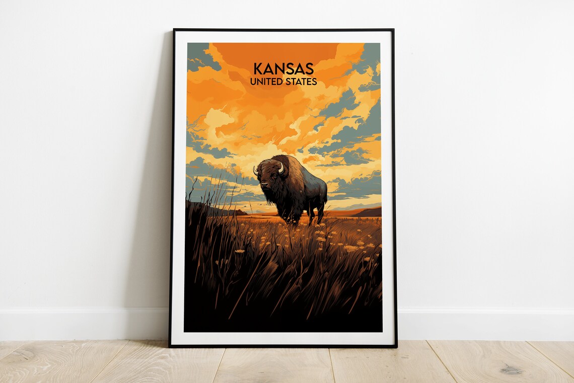 Kansas United States Bison Sunset Prairie Retro Travel Poster