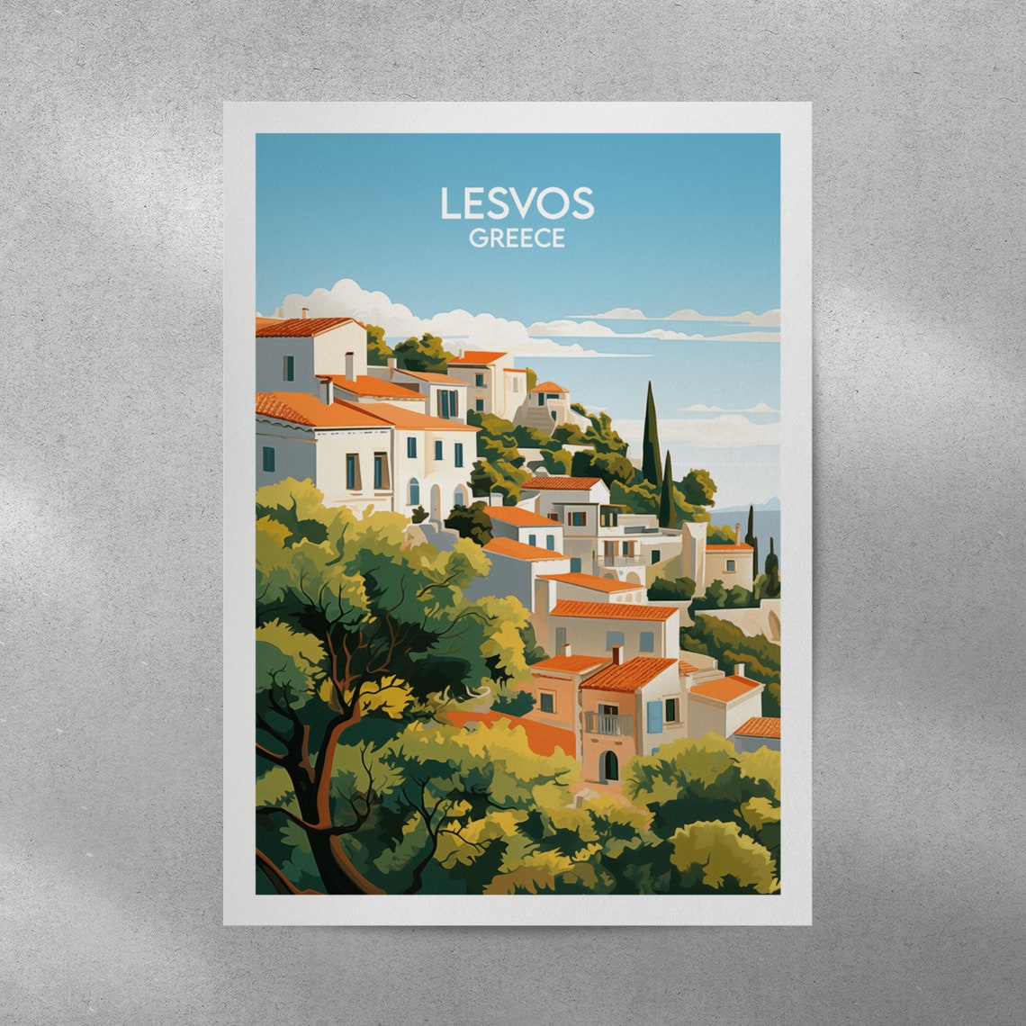 Lesvos Greece Whitewashed Village Red Roofs Hills Travel Poster - Image 3