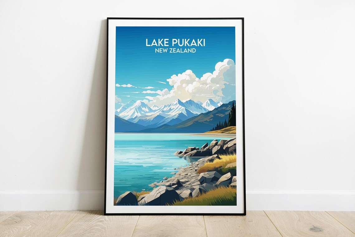 Lake Pukaki New Zealand Turquoise Water Snow Peaks Travel Poster