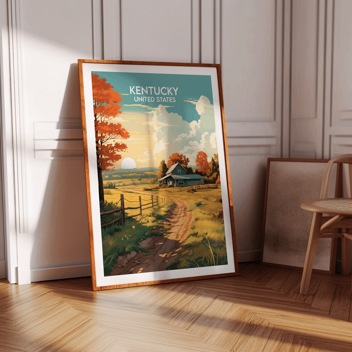 Kentucky Countryside Farmhouse Dirt Road Autumn Sunset Poster - Image 2