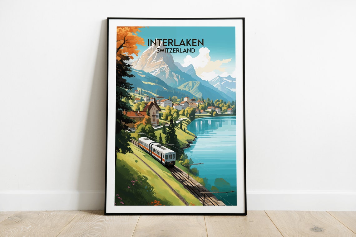 Interlaken Switzerland Alpine Train and Lake View Vintage Style Poster
