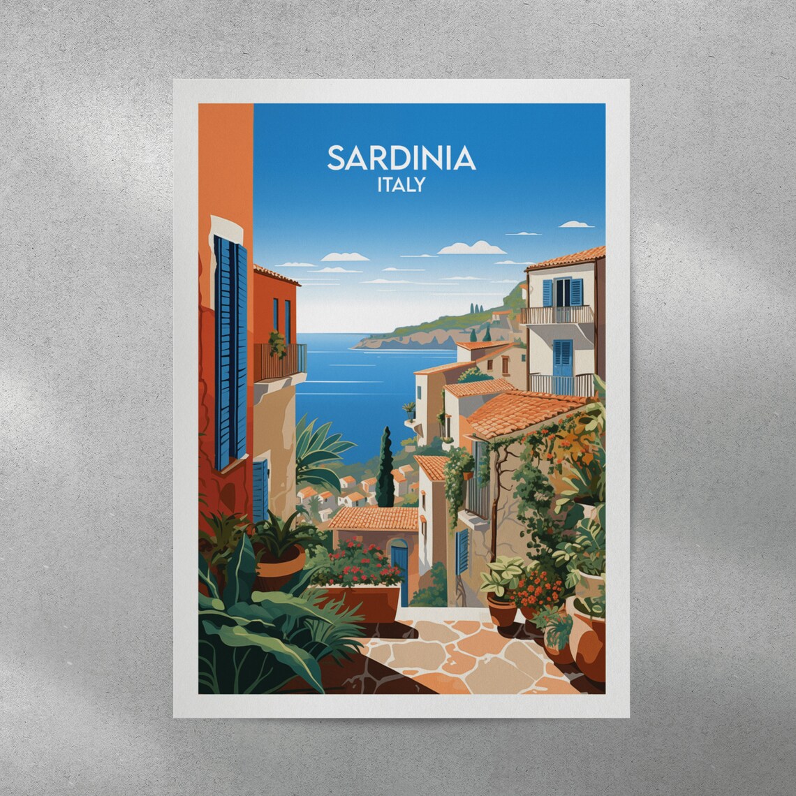 Sardinia Italy Village Street Blue Shutters Sea View Travel Poster - Image 4