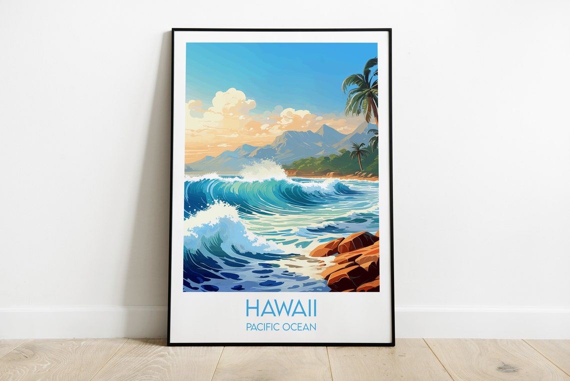 Hawaii Pacific Ocean Rocky Coast Crashing Waves Travel Poster