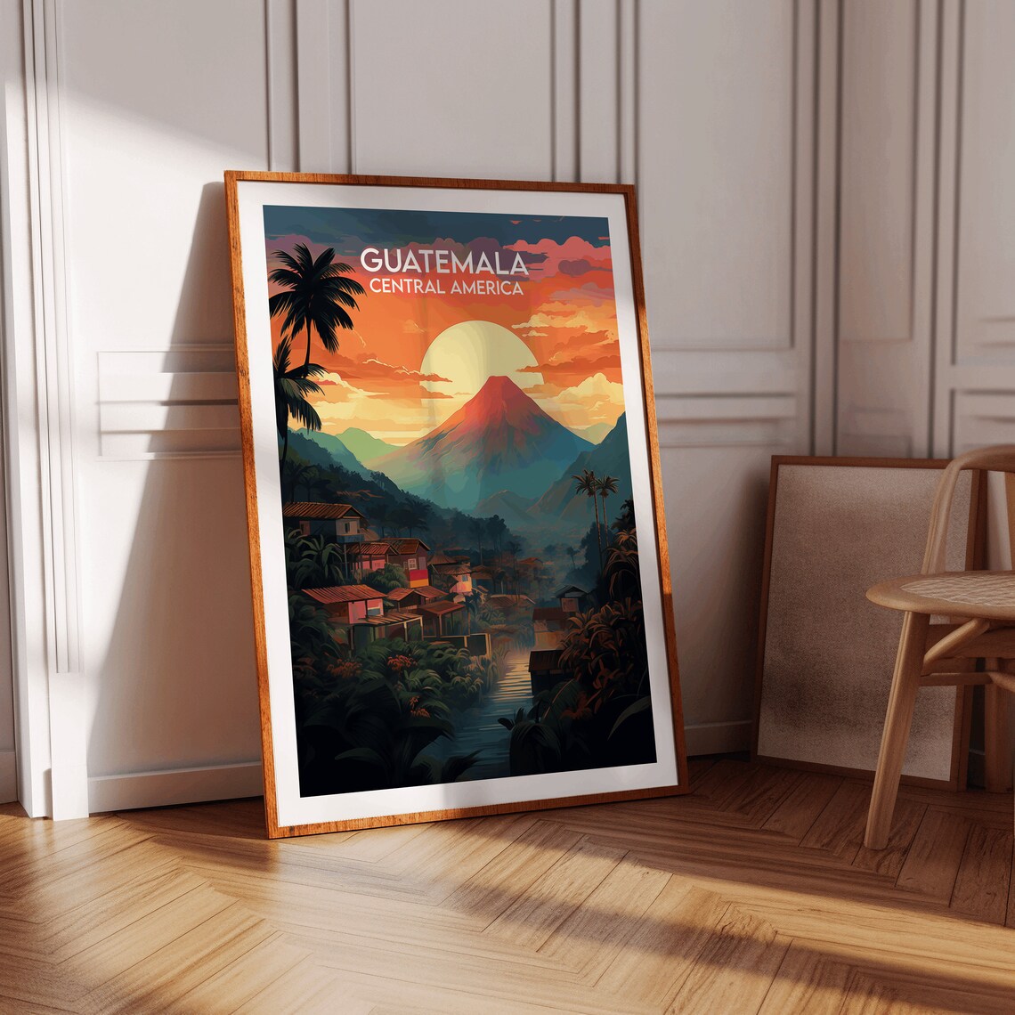 Guatemala Central America Volcano Sunset Village Travel Poster - Image 3