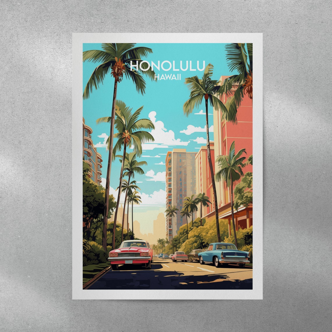Honolulu Hawaii Vintage Street Palm Trees Classic Cars Poster - Image 3
