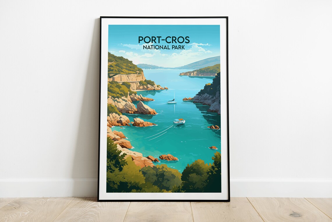 Port-Cros National Park Sailboats Rocky Cove Retro Travel Poster
