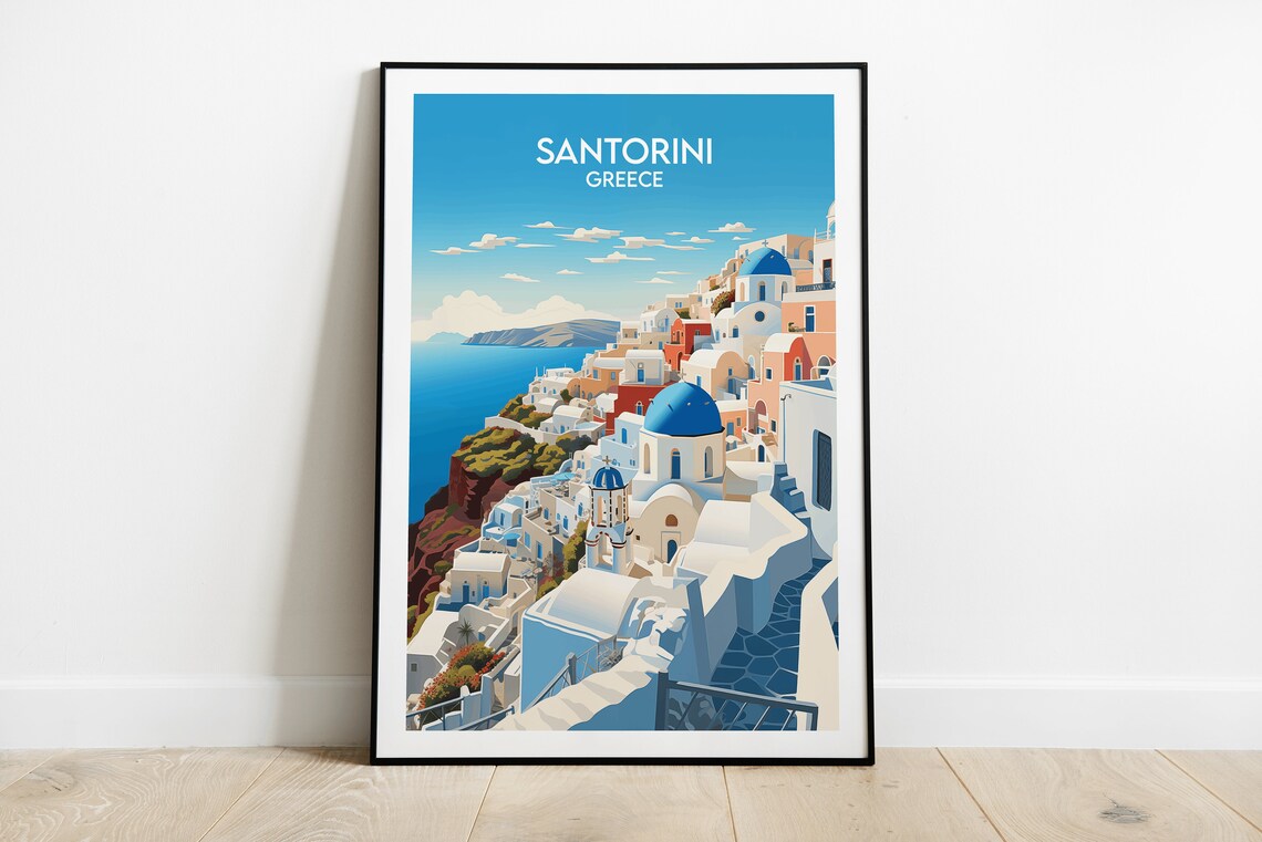 Santorini Travel Poster, Greece Custom Gift Print