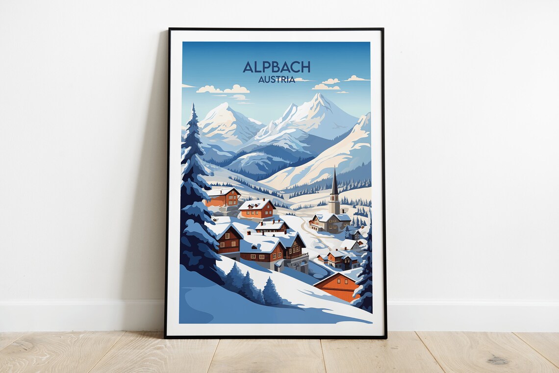 Alpbach Austria Snowy Alpine Village Church Peaks Retro Travel Poster