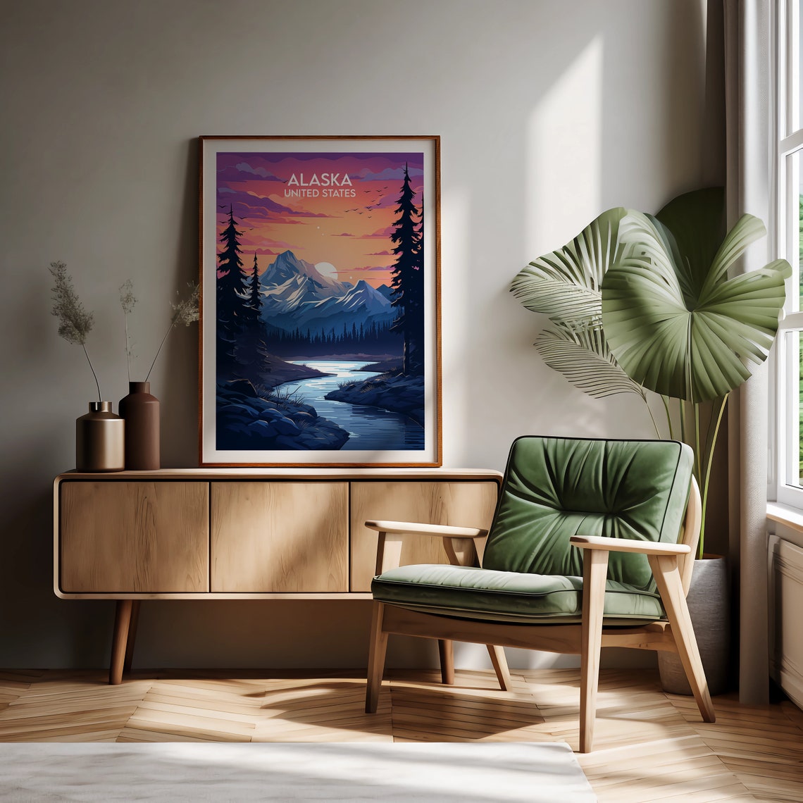 Alaska United States Mountain Sunset River Pines Travel Poster - Image 3