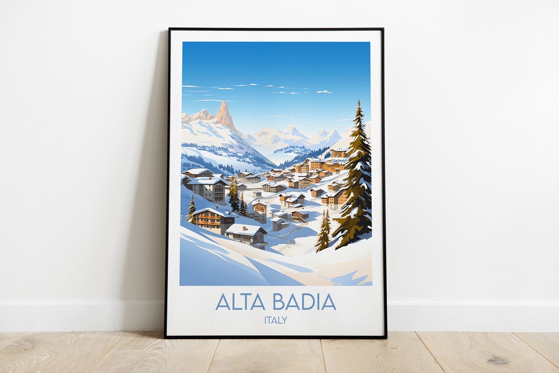 Alta Badia Italy Ski Resort Dolomites Winter Village Travel Poster