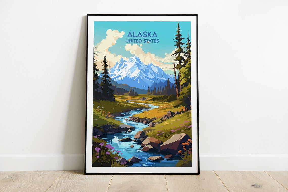 Alaska United States Summer Mountain Stream Meadow Travel Poster
