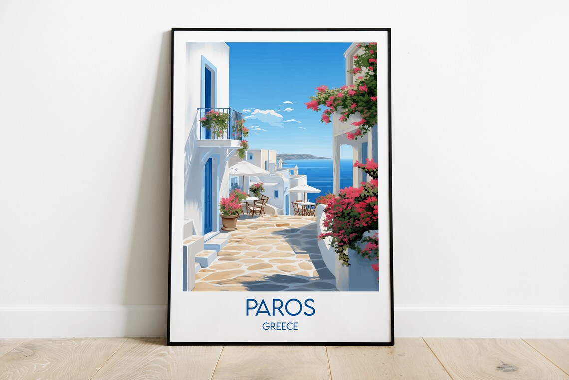 Paros Greece Whitewashed Alley Aegean Sea View Travel Poster