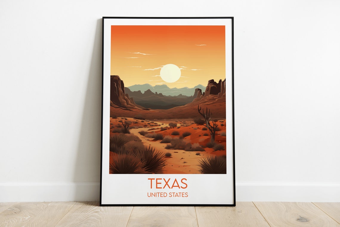 Texas Desert Sunset Vintage Travel Poster Red Rock Canyon Glow