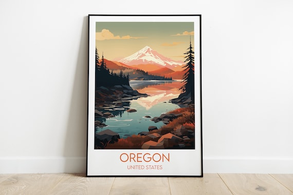 Oregon United States Vintage Travel Poster Snowy Mountain Lake Scene