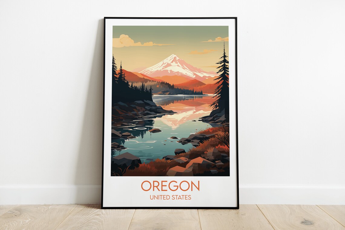 Oregon United States Vintage Travel Poster Snowy Mountain Lake Scene