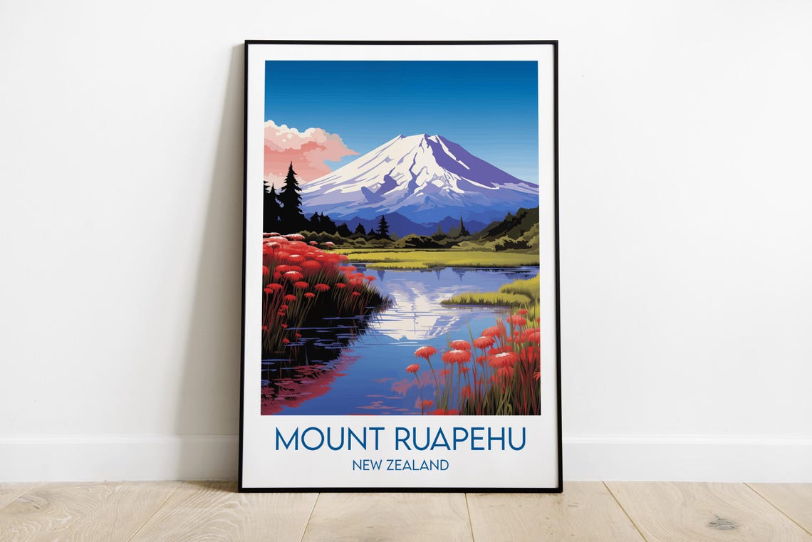 Mount Ruapehu New Zealand Volcano Red Flower Lake View Poster