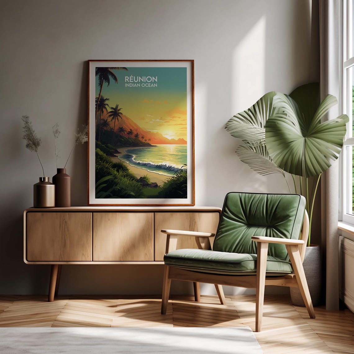 Reunion Indian Ocean Tropical Beach Palm Sunset Travel Poster - Image 2