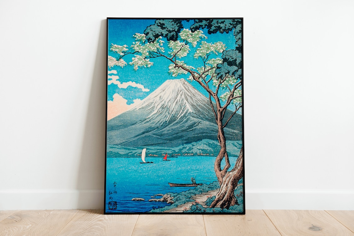Mount Fuji With Cherry Blossoms Over The Lake Japanese Woodblock Print
