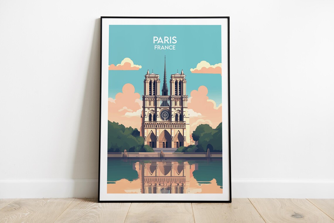 Notre Dame Cathedral Paris France Vintage Style Art Travel Poster