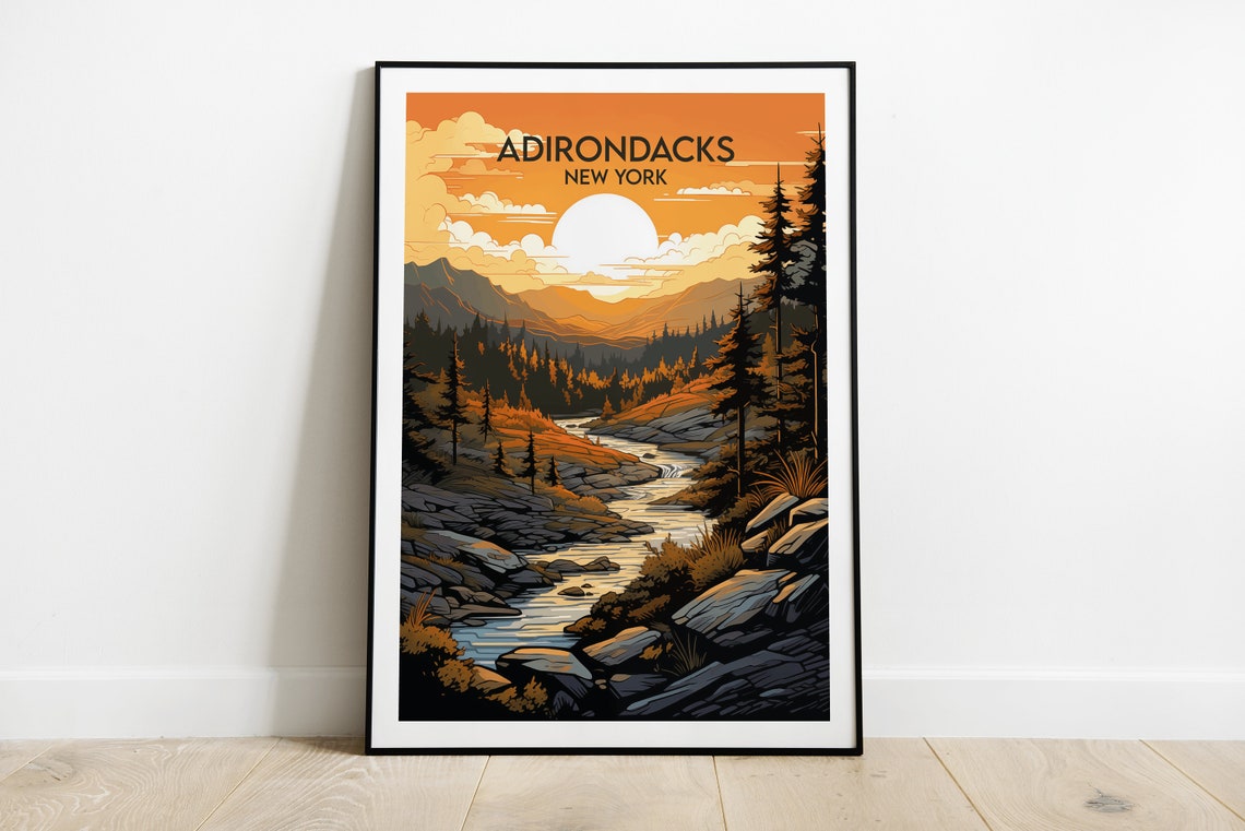 Adirondacks New York Sunset River Rocks Wilderness Travel Poster
