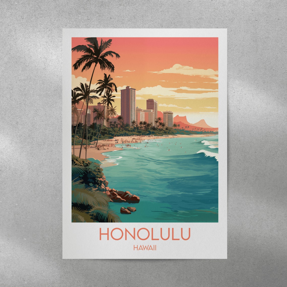 Honolulu Hawaii Beach Sunset Retro Illustrated Travel Poster - Image 3