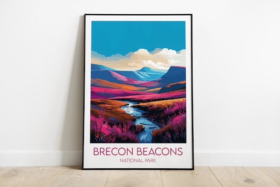 Brecon Beacons National Park Magenta Moorland Stream Vintage Travel Poster