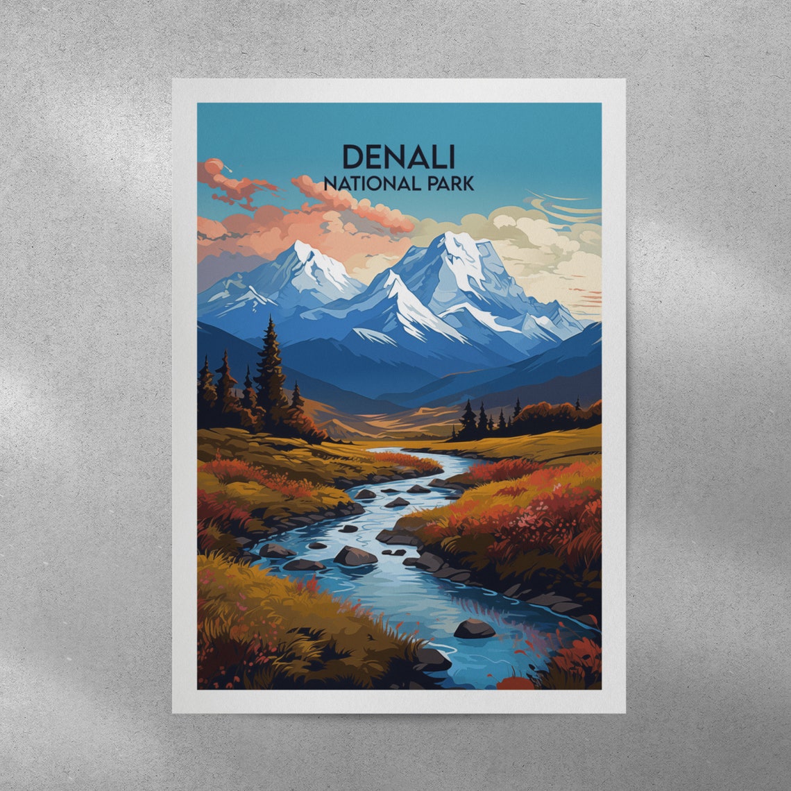 Denali National Park Snowy Peaks Winding River Travel Poster - Image 2