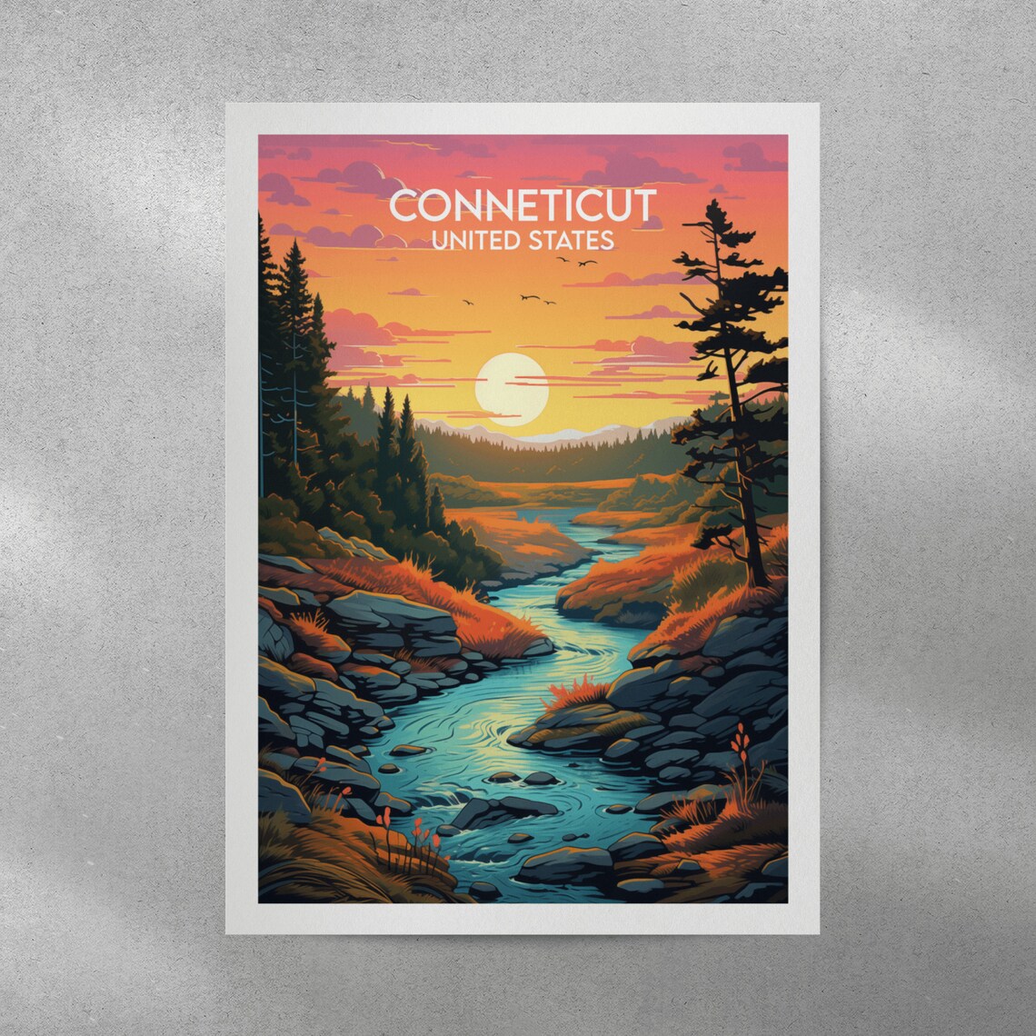 Conneticut United States River Rocks Sunset Forest Landscape Poster - Image 3