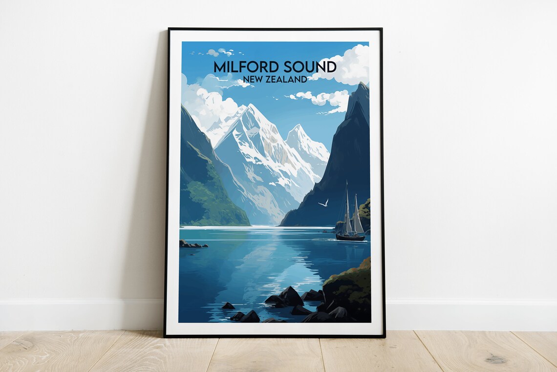 Milford Sound New Zealand Fjord Peaks Sailboat Travel Poster