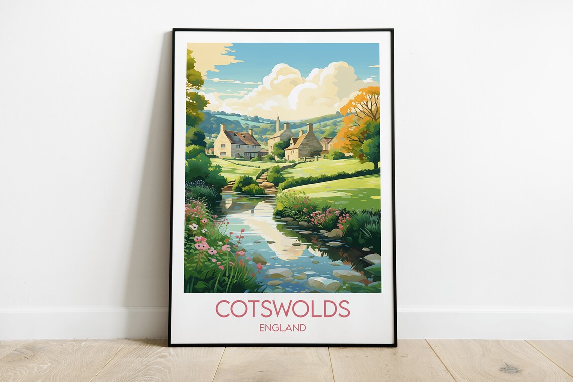 Cotswolds England Village Stream Wildflowers Cottage Travel Poster