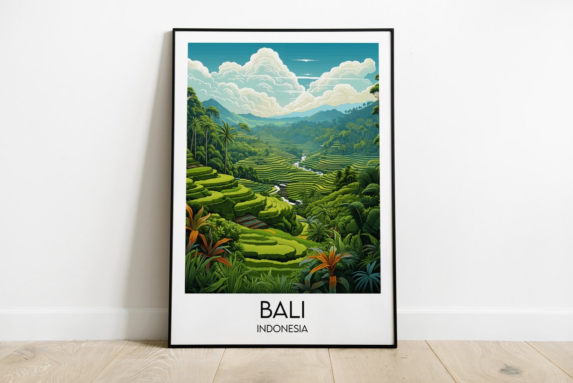 Bali Indonesia Rice Terrace Valley Jungle Vintage Travel Poster