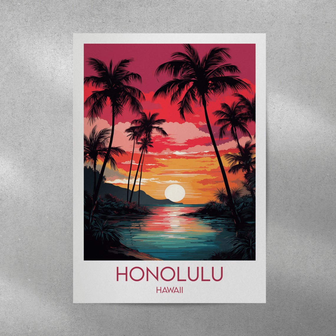 Honolulu Hawaii Vibrant Red Sunset Palm Silhouette Ocean Poster - Image 3