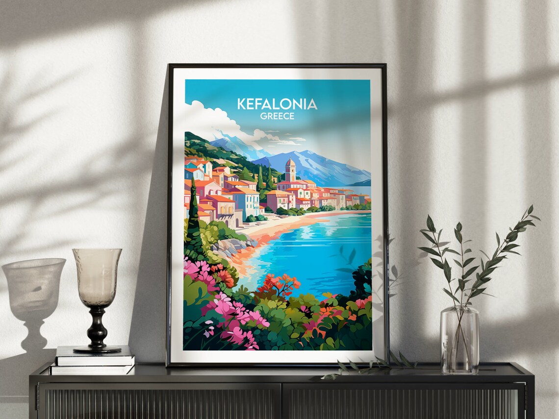 Kefalonia Greece Seaside Village Church Beach Cove Travel Poster - Image 4