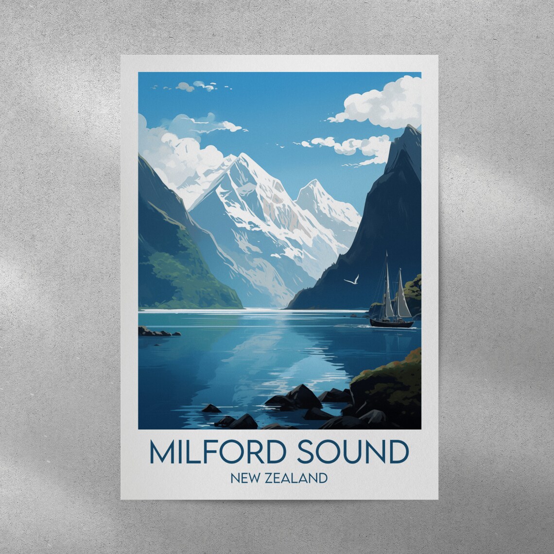 Milford Sound New Zealand Fjord Sailboat Snowy Peaks Travel Poster - Image 4