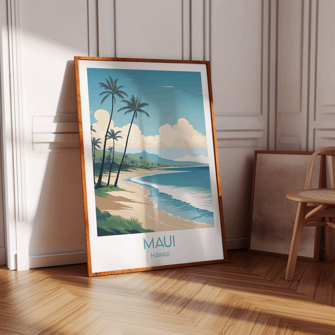 Maui Hawaii Sandy Beach Palm Trees Ocean Waves Surf Travel Poster - Image 2