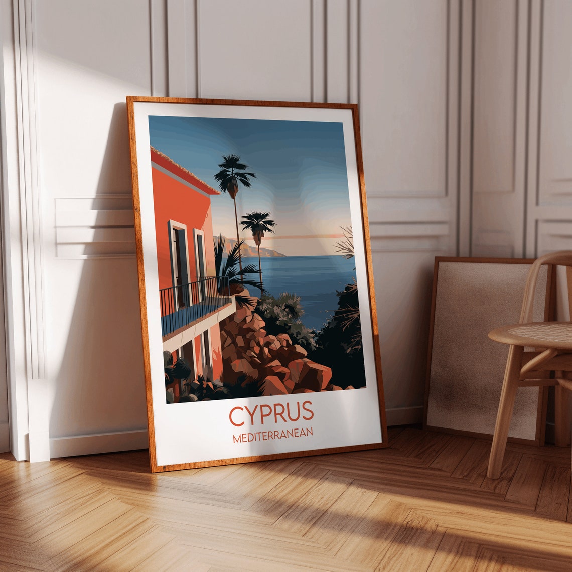 Cyprus Mediterranean Coastal Villa Sunset Palm Trees Travel Poster - Image 2