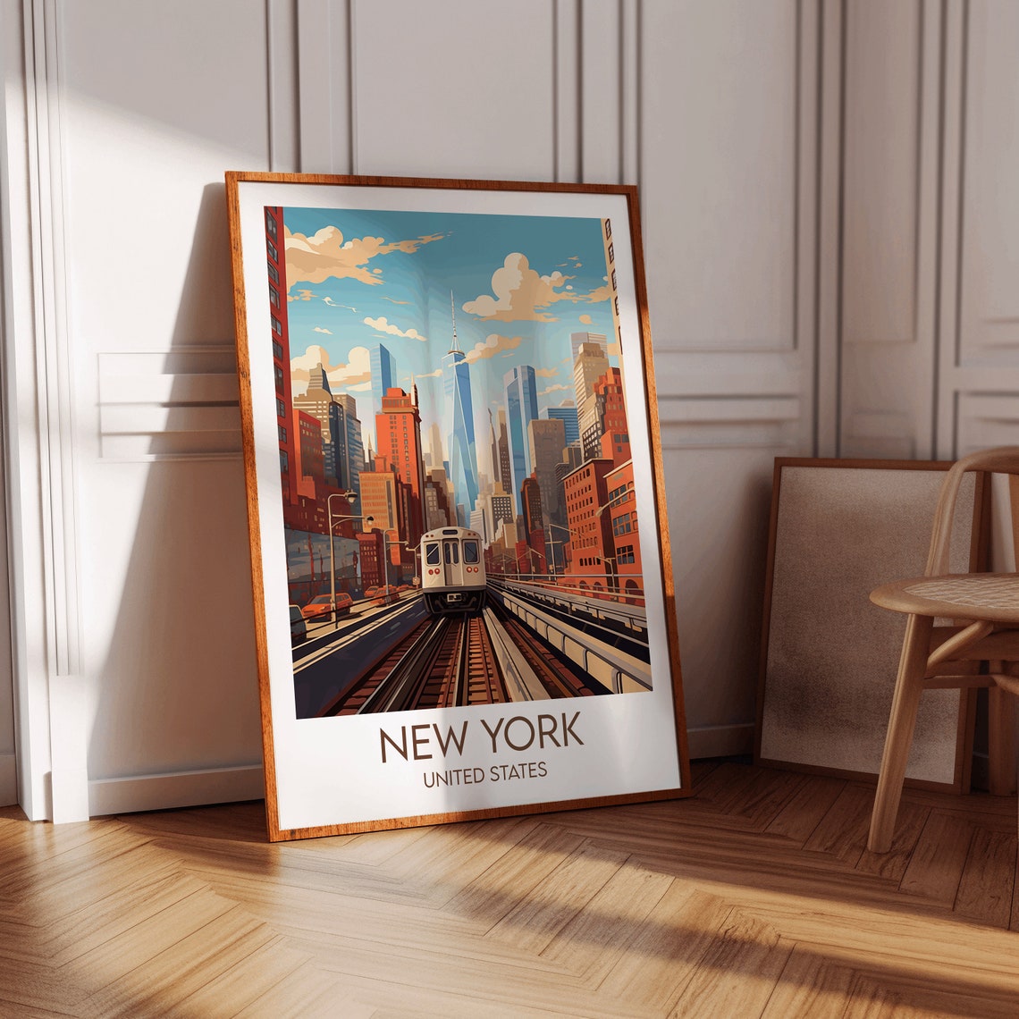 New York City Elevated Subway Train Skyline Retro Travel Poster - Image 2