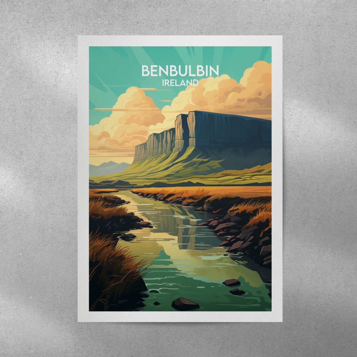 Benbulbin Ireland Table Mountain River Landscape Travel Poster - Image 3