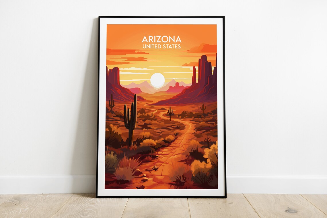 Arizona United States Red Desert Sunset Saguaro Cacti Travel Poster