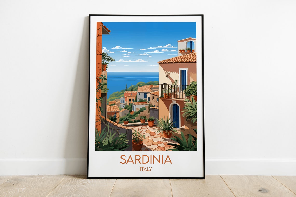 Sardinia Italy Village Balcony Over the Sea Travel Poster Art