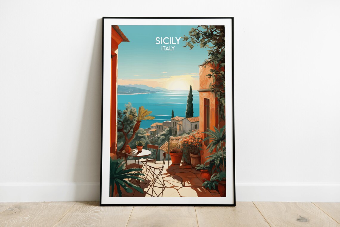 Sicily Italy Terrace Sea View Coast Sunset Village Travel Poster