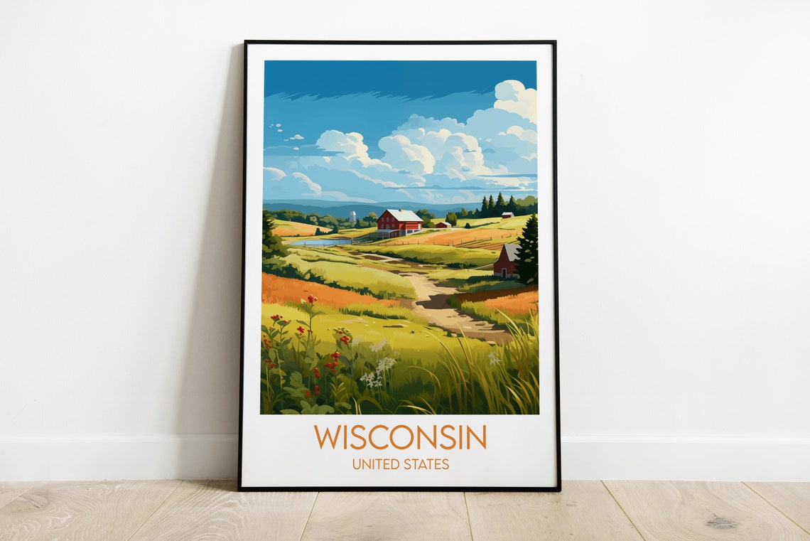 Wisconsin United States Red Barn Farm Fields Vintage Travel Poster